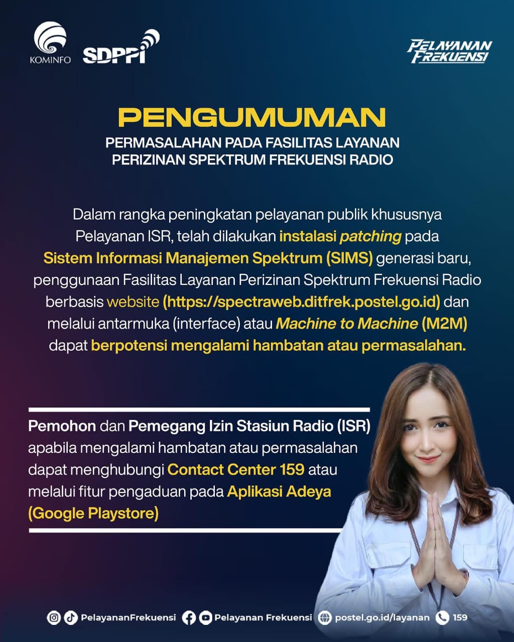 PENGUMUMAN ! PERMASLAHAN PADA FASILIYAS LAYANAN PERIZINAN SPEKTRUM FREKUENSI RADIO